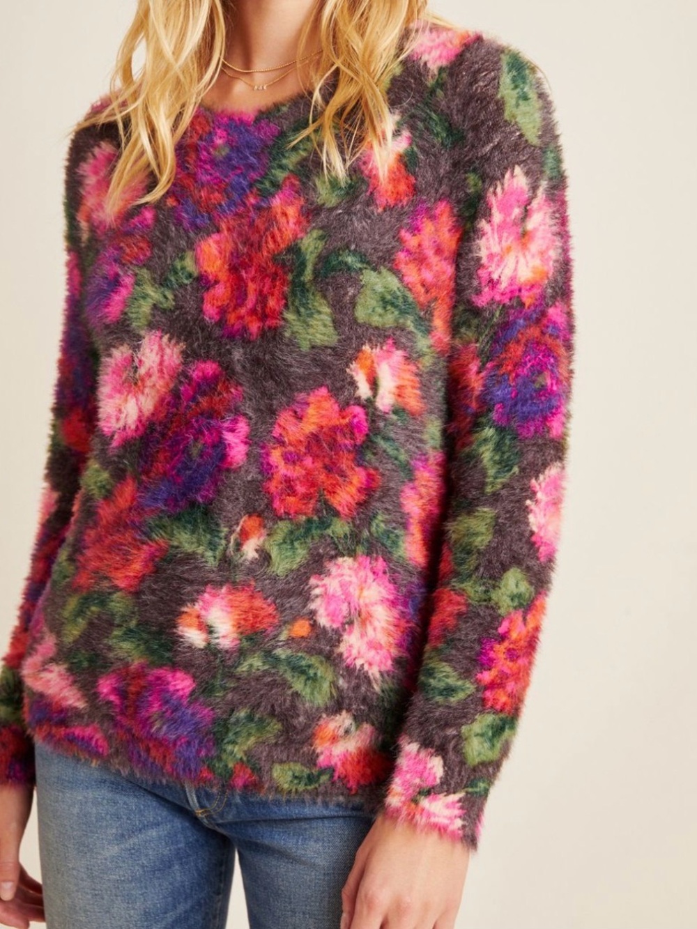 Anthropologie Meadow Rue Ariel Eyelash Floral Fuzzy Knit Sweater Large - Picture 5 of 15